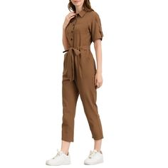 This ankle-length jumpsuit in a cotton weave with a grandad collar, buttons down the front to the waist, and open chest pockets. Gently dropped shoulders, short sleeves with a tab and D-rings, and a seam at the waist with elastication at the sides and detachable tie belt. With the design of the self-tie belt, it can accentuate your graceful figure. Perfect to pair with strappy heels and delicate earrings. Made from cotton fabric, this comfy jumpsuit is your good choice for Daily Wearing, Weekend Gathering, and Office Day. Please check your measurements to make sure the item fits before ordering. Measurement (in inches) Size------Chest Girth------Waist Girth------Hip Girth------Shoulder Width XS------------35 7/8-----------28 3/4-----------39 3/4-----------19 5/8 S--------------37 3/4------ Casual Collared Cotton Jumpsuits And Rompers, Casual Cotton Collared Jumpsuits And Rompers, Solid Button-up Jumpsuits And Rompers, Casual Cotton Button-up Jumpsuits And Rompers, Casual Jumpsuits And Rompers With Buttons For Work, Brown Short Sleeve Jumpsuits For Work, Solid Cotton Jumpsuit With Button Closure, Cotton Jumpsuits And Rompers With Button Closure, Casual Short Sleeve Jumpsuits And Rompers With Buttoned Pockets