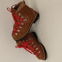 These Boots Are No Longer Made By Dunham, The Classic Mountaineering Boot In Litely Sueded Tough Thick Leather, Natural Color. Traditional Red Laces. Vibram Soles. Probably Made In Canada Based On Company Records. Look To Be Unworn - Dead Stock. Do Have Light Wear Spots On Inside Boot At Padding, And Exterior Around Heel Area, Likely Rubbing From Storage (See Pics). Very Clean, No Odors. Inner Marking Is 5n 6037 951. Please Go By Measurements For Sizing, Suitable For Unisex. Insole Footbed 8 3/4 Vintage Hiking Boots, Shoe Rotation, Brown Hiking Boots, Fall Shoe, Mountaineering Boots, Clothes Shopping, Fall Shoes, Mountaineering, Red Lace