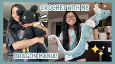 two girls holding stuffed animals in their arms and smiling at the camera with text that reads crochet nime dragon mania