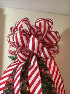 a red and white bow on top of a christmas tree