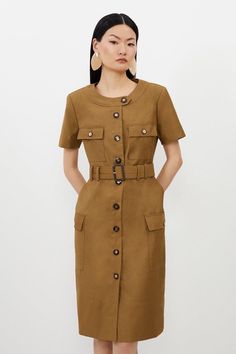 Twill Canvas Cargo Pocket Belted Tailored Midi Dress Bride Jumpsuit, Cargo Dress, Petite Wedding Guest Dresses, Khaki Trench, Business Casual Summer, Twill Dress, Petite Business Casual, Eid Outfits, Trench Dress