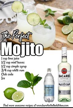 the perfect mojito recipe is shown with limes, mint leaves and vodka