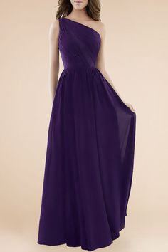 a bridesmaid wearing a purple one - shoulder dress with an asymmetrical waistline