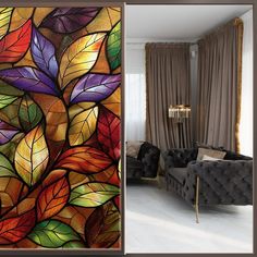 a living room filled with furniture next to a window covered in stained glass flowers and leaves