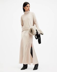 Nico 2-In-1 Maxi Dress Fawn Brown | ALLSAINTS US Styling Silk Dress Winter, Iconic Duo, Outfit Wedding Guest, Slim Fit Casual Shirts, Nightwear Women, 21st Dresses, Long Sleeve Jumper, Satin Slip, Satin Slip Dress