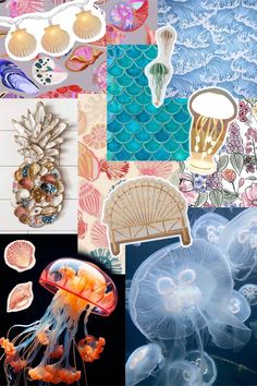 jellyfishs and other sea creatures are featured in this collage with different colors