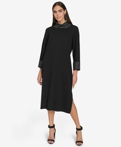 in stock Chic Embellished Midi Dress For Work, Calvin Klein Midi Dress For Fall Workwear, Calvin Klein Evening Dress For Fall, Calvin Klein Fall Evening Dress, Elegant Calvin Klein Midi Cocktail Dress, Black Sheath Dress, Calvin Klein Woman, Sheath Dress, Mock Neck