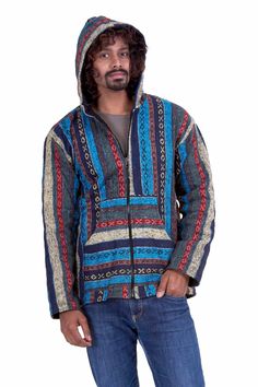 "ONLY LEFT IN SMALL A men's hippy hoodie jacket made of organic cotton from the Himalayas, woven into a traditional pattern and brushed to give it a super-soft feel. Does up with a zip and has two pockets, one either side. Fully lined with black fleece for extra warmth.  Please allow yourself a few extra inches, the measurement is of the item.  SIZES  SMALL Chest = 40\" (101 cm) Length = 25\" (64 cm) Arm = 21\" (53 cm) MEDIUM Chest = 43\" (110 cm) Length = 27\" (69 cm) Arm = 22\" (56 cm) LARGE C Hippie Cotton Outerwear With Pockets, Hippie Cotton Hooded Outerwear, Bohemian Cotton Hooded Outerwear, Outdoor Multicolor Cotton Hoodie, Bohemian Cotton Hoodie For Festival, Hippie Cotton Outerwear, Hippie Long Sleeve Winter Hoodie, Hippie Winter Hoodie, Hippie Style Long Sleeve Winter Hoodie