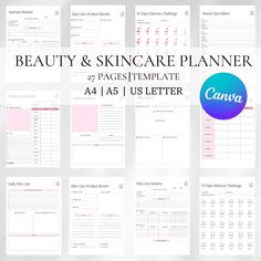 the beauty and skin care planner is shown in pink