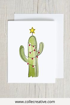 a greeting card featuring a cactus with a star on its head and red beads around the neck