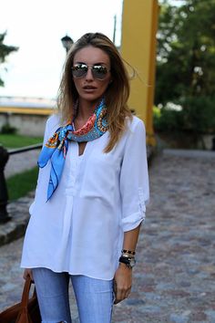 Over sized silk blouse and a silk scarf More White Shirt And Blue Jeans, Clogs Outfit, Loafers Outfit, Womens Scarf, Scarf Trends