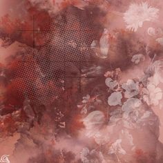 an abstract painting with flowers and squares in the middle, on a pink wallpaper background