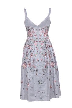 Take your style to new heights with this dreamy, fairytale-esque midi dress from Needle & Thread. The stunning floral and butterfly embroidery pops against a light blue backdrop, while precious pleats and a voluminous skirt add a whimsical touch. Complete the look with pink satin heels for a truly lovely ensemble. Size 6 Shell 100% Tencel Lining 100% Polyester Trim 100% Nylon Exposed back zipper Adjustable straps Ruffled v-neckline, accentuated waist and a Voluminous midi skirt Intricate floral embroideries Softly pleated from the waist Bust 33" Waist 29" Shoulder to hem 46" Light Blue Backdrop, Pink Satin Heels, Voluminous Skirt, Blue Backdrop, Spring Knits, Festival Shop, Scarf Belt, Embroidered Midi Dress, Blue Backdrops