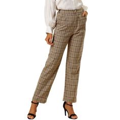 These trousers are essential for dressing up or down. Lightweight fabric, covered in a plaid pattern, shapes these trendy trousers with a high-rise fit. How it is a bit high waist and how it gathers at the waist adding shape to the body. You may love everything about these trousers, from their regular fit to the elastic high-waist, which could double as a hiding mechanism for women with love-handles. Style these trousers with a crop top and heels for the ultimate look. Occasion: Shopping, Social Brown White Plaid Pants, Casual High-waisted Plaid Pants, Elegant High-waisted Plaid Pants, Womens Brown Plaid Pants, Fitted Plaid High-waisted Pants, Trendy Trousers, Junior Pants, Trendy Trouser, Casual Wide Leg Pants