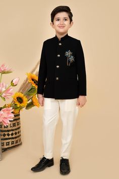 Black full sleeves bandhgala in suiting base with placement palm tree resham thread, sequin embroidery and faux pocket flaps detail. Paired with a off white pant. - Aza Fashions Black Coat Pant, Embroidery Placement, Off White Pants, Boys Closet, White Pant, Cocktail Outfit, Sequin Embroidery