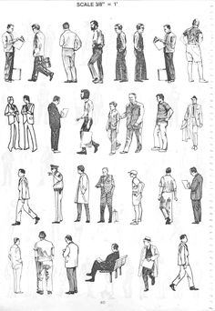 some people are standing and sitting in different positions, all drawn by one person with their hands on their hips