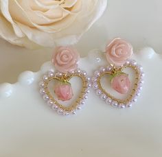 Wedding Earrings Pink, Heart Earrings Pink, Dream Earrings, Magical Clothes, Strawberry Earrings, Coquette Outfit, Pretty Accessories, Style Bundle, Heart Drop Earrings