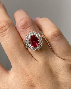 Oval Cut Ruby Engagement Ring / Red Ruby Wedding Ring / Moissanite Halo Ladies Ring / Anniversary Gift Ring / 14k Yellow Gold Promise Ring - Etsy Ruby Royal Jewels, Large Ruby Ring, Oval Red Jewelry With Halo, Oval Red Halo Jewelry, Oval Flower Ring For Wedding, Red Oval Cluster Ring With Halo Design, Oval Red Jewelry With Halo Design, Oval Gemstone Flower Ring For Anniversary, Red Oval Ruby Rings