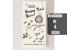 a new year's card with the words happy new year in 4 sizes on it