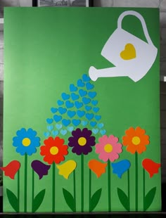 a painting with flowers and a watering can