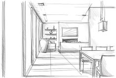 a line drawing of a kitchen and dining room in one point perspective, with the door open