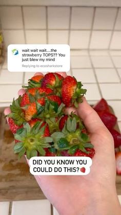 someone holding up a bunch of strawberries with stickers on their thumb and saying, did you know you could do this?