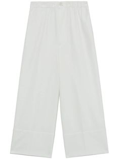 white cotton elasticated waistband wide leg front button and zip fastening Elegant Cotton Culottes, Cotton Culottes With Elastic Waistband, Chic Cotton Straight Culottes, Modern White Wide Leg Pants For Work, White Elastic Waistband Bottoms For Work, White Bottoms With Elastic Waistband For Work, Modern White Ankle-length Wide Leg Pants, White Cotton Wide Leg Culottes, White High-waisted Wide Leg Pants