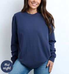 Blank Comfort Color Long Sleeve Shirt Long Sleeve Tee Wholesale Clothing Blank Shirt Long Sleeve Tshirt Women Long Sleeve Men Tee Long Shirt ✨ PRODUCT DESCRIPTION ✨ ∘ ∘ For an Oversized look, consider sizing up 1-2 above your normal size. ∘ ∘ UNISEX TSHIRT ∘ Relaxed fit ∘ Medium fabric ∘ 100% Preshrunk Cotton ∘ Garment-dyed fabric ∘ Double-needle topstitch seams for long-lasting ∘ ∘ Design colors may differ slightly from the final printed item due to the printing process and monitor calibration. ∘ ∘  📏 SIZE 📏 ∘ Adult Unisex sizing. We have a size chart on our listing photos ↑. ⏱️ SHIPPING & PRODUCTION TIME ⏱️ ∘ Please allow 1-5 business days for processing time. ∘ Shipping time is 3-5 business days. ✨ CARE INSTRUCTIONS ✨ ∘ Inside out, wash cold with a delicate cycle ∘ Hang Dry ∘ Do not u Oversized Blue T-shirt, Long Sleeve Relaxed Fit T-shirt For Loungewear, Cotton Long Sleeve T-shirt For Loungewear, Basic Long Sleeve T-shirt For Loungewear, Blue Long Sleeve Soft-washed Sweatshirt, Basic Long Sleeve Tops For Loungewear, Relaxed Fit Long Sleeve T-shirt, Soft-washed Long Sleeve T-shirt For Loungewear, Oversized Soft-washed Long Sleeve Tops