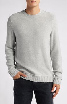 Rolled edges and raised seams relax the vibe of this sweater knit from cotton yarns that give this style a soft satisfying drape. Crewneck Long sleeves with ribbed cuffs 100% cotton Machine wash, dry flat Imported Gray Cotton Textured Knit Sweater, Gray Textured Knit Cotton Sweater, Gray Cotton Sweater For Layering, Cozy Cotton Sweater With Ribbed Cuffs, Gray Cotton Layering Sweater, Modern Spring Sweater For Layering, Casual Spring Sweatshirt With Soft Knit, Spring Gray Cotton Sweater, Casual Spring Soft Knit Sweatshirt