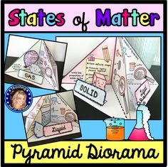 an origami pyramid with the words states of matter on it and pictures of other items