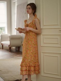 Color: OrangeStyle: BohoPattern Type: Floral, All Over PrintDetails: Tiered Layer, Ruffle Hem, KnotNeckline: SweetheartSleeve Length: SleevelessType: A LineWaist Line: High WaistHem Shaped: Layered/Tiered, FlounceLength: LongFit Type: Regular FitFabric: Non-StretchMaterial: PolyesterComposition: 100% PolyesterCare Instructions: Machine wash or professional dry cleanBody: YesSheer: NoLining: 100% Polyester Dress With Floral Print, Yellow Floral Dress, Chic Fall Outfits, Ruffle Hem Dress, 3d Flowers, Women Long Dresses, Prom Dresses Short, Kpop Outfits, Lookbook Outfits