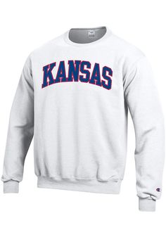 Champion Kansas Jayhawks Mens White Arch Long Sleeve Crew Sweatshirt - 14752091 Collegiate Sweatshirt With Team Logo, University Logo Cotton Sweatshirt For Fan Gear, University Logo Cotton Sweatshirt Fan Gear, University Logo Cotton Sweatshirt For Fans, Collegiate Cotton Sweatshirt With Team Logo, Sports University Logo Cotton Sweatshirt, Collegiate Team-colored Top With Lettering, Collegiate Tops With Team-colored Lettering, Cotton University Logo Sweatshirt For Team Spirit