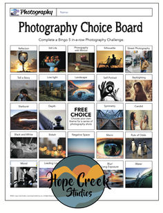 the photography choice board is filled with pictures and words to help students learn how to use them