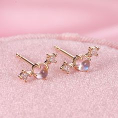 Natural Moonstone Cabochon Earrings, Rainbow Moonstone Cartilage Earring Studs, Solid Gold Earrings, Cute Earrings, Bridesmaid Earrings ✧･ﾟ: *✧･ﾟ:* Welcome to Charles Davin Jewelry*:･ﾟ･ﾟ✧ ✶Material: 10K/ 14K/ 18K ✶Main Stone: Round Cabochon Natural Moonstone; 3.0mm； 0.4ct ✶Side Stone: Diamond; Total: 0.1ct ✶Color: D Colorless ✶Clarity: VVS1 ✶14K gold weighs approx.: 1.0g ✶18K gold weighs approx.: 1.2g ✶Dimension: 9.5mm OR  ✶Side Stone: Diamond ✶Color: F-G ✶Clarity: SI1 PRODUCTION TIME My team of Celestial Sterling Silver Earrings For Wedding, Dainty Sterling Silver Earrings With Gemstone Accents, Celestial Round Earrings For Formal Occasions, Celestial Style Round Earrings For Formal Occasions, Celestial Style Round Formal Earrings, Formal Celestial Round Earrings, Elegant Gold Crystal Earrings With Moonstone, Elegant Moon Shape Earrings For Parties, Elegant Moon-shaped Earrings For Parties