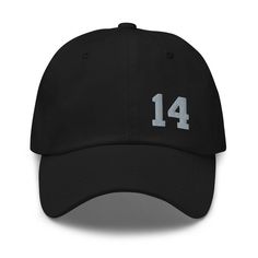 "Combining classic style and love of sport, our personalized Jersey Number Hat is the perfect accessory for the Sports Mom on the go! Rock your favorite athlete's jersey number on our sports mom hat to the game, during your workout, or with your favorite outfit. Available in Black, Dark Gray, and Navy with Grey embroidered jersey number. Number is positioned on the left panel. Single-digit Jersey Numbers are added without the number \"0\" unless requested. *Please note actual embroidery thread/product colors may vary from the images shown, as computer monitors display colors differently* * 100% chino cotton twill * Unstructured, 6-panel, low-profile * 3 ⅛\" crown * Adjustable strap with antique buckle * Head circumference: 20 ½\" - 21 ⅝\"" Classic Sports Hats With Letter Print, Classic Sports Hat With Letter Print, Game Day Embroidered Logo Dad Hat, Baseball Cap For Sports Season Fan Gear, Sporty Fan Gear Baseball Cap With Curved Bill, Sporty Baseball Cap With Curved Bill For Fans, Sporty Curved Bill Baseball Cap For Fans, Curved Visor Baseball Cap For Baseball Season, Sporty Fitted Hat With Curved Visor For Sports Events