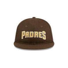 The San Diego Padres Melton Wool Retro Crown 9FIFTY Adjustable Cap features a relaxed crown with an embroidered Padres Cooperstown wordmark at the front panels, a green undervisor, and an adjustable leather strap at the rear. Baseball Season Flat Brim Cap With Letter Patch, Throwback Game Day Hat With Curved Brim, Baseball Season Fitted Hat With Letter Patch, Throwback Curved Brim Hat For Game Day, Game Day Throwback Hat With Curved Brim, Brown Snapback Baseball Cap With Embroidered Logo, Brown Baseball Cap With Embroidered Logo, Throwback Fan Gear Hat With Curved Brim, Throwback Curved Brim Hats For Fan Gear