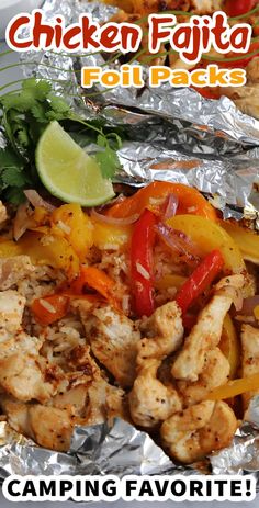 chicken fajita foil packs with peppers, bell peppers and cilantro