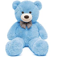 a large blue teddy bear with a bow tie on it's neck and eyes