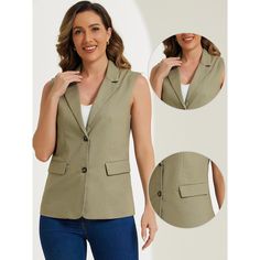 This sleeveless blazer is made of solid color and features a button-up design, flap pockets, and a notch lapel collar. Suitable for spring/fall and many occasions, such as interviewing, working, career, office, formal, business, church, and daily wear. Pair this casual blazer with skinny jeans, skirts, leggings, pants, sandals, heels, boots, and a necklace for a chic and decent look. Single Breasted Button-up Work Vest, Single-breasted Button-up Work Vest, Single-breasted Button-up Vest For Work, Notch Lapel Vest With Button Closure For Office, Office Vest With Notch Lapel And Button Closure, Workwear Single-breasted Vest With Suit Collar, Khaki Collared Blazer For Work, Business Casual Notch Lapel Vest With Button Closure, Office Vest With Notch Lapel And Buttons