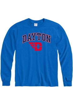 Show off your team pride in this Dayton Flyers Blue Arch Logo Long Sleeve T Shirt! This Dayton Long Sleeve Tee features a screen print of "Dayton" with Flyers logo across chest. Make sure everyone knows you root for the Flyers with this Blue Dayton T Shirt. Go Flyers!! Classic fit, Seamless double needle 7/8" collar, Taped neck & shoulders, Ribbed cuffs, Unisex, Fit: True to Size, 100% Cotton Long Sleeve Cotton T-shirt With University Logo, University Logo Long Sleeve Cotton T-shirt, Blue Long Sleeve T-shirt For School Spirit, Blue Long Sleeve T-shirt With Team Spirit, Blue Long Sleeve Fan Merchandise T-shirt, Blue Long Sleeve T-shirt For College, Blue Long Sleeve T-shirt For Sports Events, Dayton Flyers, Arch Logo