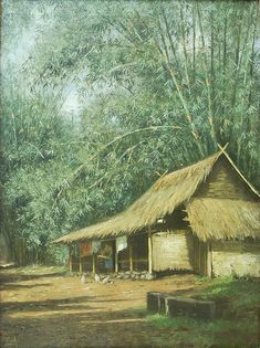 an oil painting of a hut in the woods