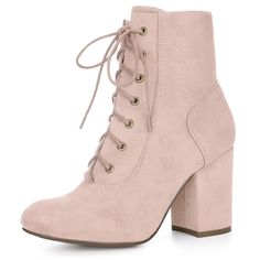 A pair of ankle booties features a lace-up front, a chunky high heel, and a classic rounded toe. A side zipper is added to ease you in and out. Lace Up Booties; Round Toe; Chunky High Heel; Vamp: Faux Suede; Outsole: Rubber; Heel: ABS; Heel Height: 3 3/8 inches; Occasion: Office, Interview, Party, Casual, Halloween days, Christmas Days, Dating, Evening. Elevate your body type and make you naturally look comfortable in your skin and body. Good options for parties, sweet dating, shopping, festival Rose Gold Boots, Velvet Block Heels, Pink Booties, Dust Pink, Casual Halloween, Chelsea Rain Boots, Chunky Heel Ankle Boots, Shoes Boots Ankle, Block Heel Ankle Boots