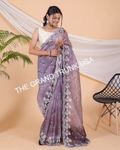 Ethnic Lavender Embroidery Work Organza Silk Sarees With Desirable Blouse, Bollywood Style Floral Sarees For Women/ Girls, Partywear sarees by TheGrandTrunkUSA on Etsy Blouse Organza, Lavender Embroidery, Floral Sarees, Organza Silk Saree, Sarees For Women, Bollywood Style, Embroidery Work