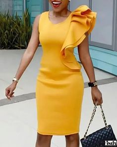 Patchwork Ruffled Sleeveless Bodycon Dress Bodycon Casual, Bodycon Dress Online, Midi Dress Style, Shirt Pant Set, Top Skirt Set, Sleeveless Bodycon Dress, Dress Yellow, Tweed Dress, Long Sleeve Casual