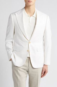 Peaked lapels and a creamy-white silk weave bring distinctive detailing to a sport coat styled with a lightweight feel that's ideal for warm-weather occasions. 31" length (size 54eu) Peaked lapels Nonfunctional four-button cuffs Cuff buttons may not be attached. Jackets purchased at full price can have the sleeve length customized for free at your local Nordstrom Chest welt pocket; front flap pockets Side vents Lined 100% silk Dry clean Made in Italy Formal Beige Sport Coat With Suit Collar, Beige Sport Coat With Suit Collar For Formal Events, Beige Sport Coat With Suit Collar For Formal Occasions, Tailored Cream Business Sport Coat, Luxury Cream Blazer With Notch Lapel, Tailored Cream Sport Coat For Business, Cream Semi-formal Sport Coat With Notch Lapel, Tailored Cream Outerwear With Concealed Placket, Solid Suit With Lapel Collar For Spring