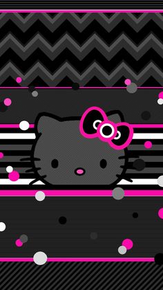 a hello kitty wallpaper with pink and black polka dots on the bottom right corner