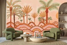 a living room with palm trees painted on the wall and two green chairs in front