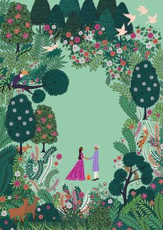 an illustration of two women holding hands in the forest