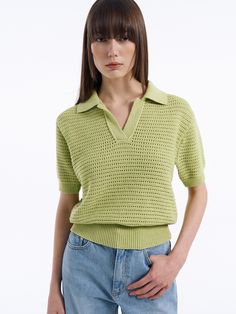 Editor's Notes The textured sweater top has a crochet top-like feeling and has an open collar that gives a comfortable fit. The crocheted holes allow for a natural and relaxed look. - Ribbed sleeve and bottom hem for a voluminous silhouette- Regular fit that fits to the body- Basic design to pair with various bottomsMeasurements(in.)ONE SIZE- Total Length: 20.47 in.- Shoulder: 14.96 in.- Chest: 18.5 in.- Armhole: 7.87 in.- Sleeve Length: 8.66 in.- Sleeve Width: 5.91 in.- Bottom Hem: 12 Spring Collared Pointelle Knit Sweater, Spring Collared Pointelle Knit Tops, Spring Pointelle Knit Collared Top, Collared Pointelle Knit Tops For Spring, Green Crochet Top With Pointelle Knit, Fall Open Knit Collared Top, Spring Textured Knit Collared Top, Green Knit Collared Tops, Green Collared Knit Top