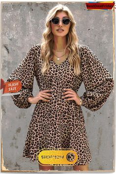 Bestdealfriday Leopard Print V Neck Long Sleeves Mini Dress P1482375 Dresses By Length, Loungewear Sets, Long Sleeve Mini, Neck Pattern, Long Sleeve Mini Dress, Full Sleeve, Women's Fashion Dresses, Long Tops, Set Dress